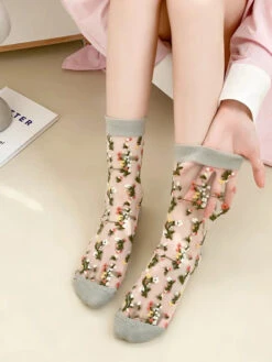 Women Artsy Floral Jacquard Socks -Ada Fashion 5 Pairs Women Artsy Spring Floral Jacquard Socks Ada Fashion 178015776