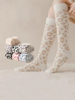 Women Leopard Print Fleece Socks -Ada Fashion 5 Pairs Women Winter Leopard Print Fleece Socks Ada Fashion 178119480