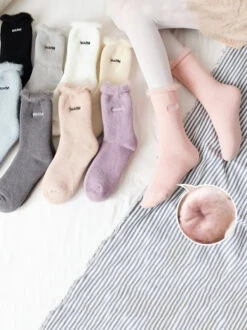 Women Solid Cotton Fleece-lined Socks 16 Women Solid Cotton Fleece-lined Socks -Ada Fashion 5 Pairs Women Winter Solid Cotton Fleece lined Socks Ada Fashion 177800350