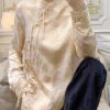 Apricot Button Silk Blouse Stand Collar Long Sleeve QA1071