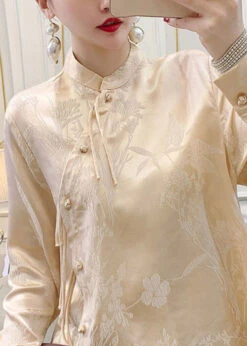 Apricot Button Silk Blouse Stand Collar Long Sleeve QA1071 -Ada Fashion Apricot Button Silk Blouse Stand Collar Long Sleeve4