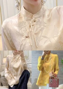 Apricot Button Silk Blouse Stand Collar Long Sleeve QA1071 -Ada Fashion Apricot Button Silk Blouse Stand Collar Long Sleeve5