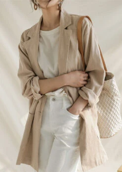 Apricot Patchwork Linen Coats Peter Pan Collar Long Sleeve LY2180