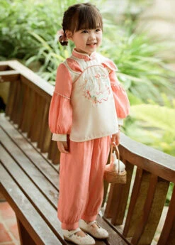 Aqua Red Elastic Waist Patchwork Cotton Girls Two Piece Set Stand Collar Long Sleeve LY9983