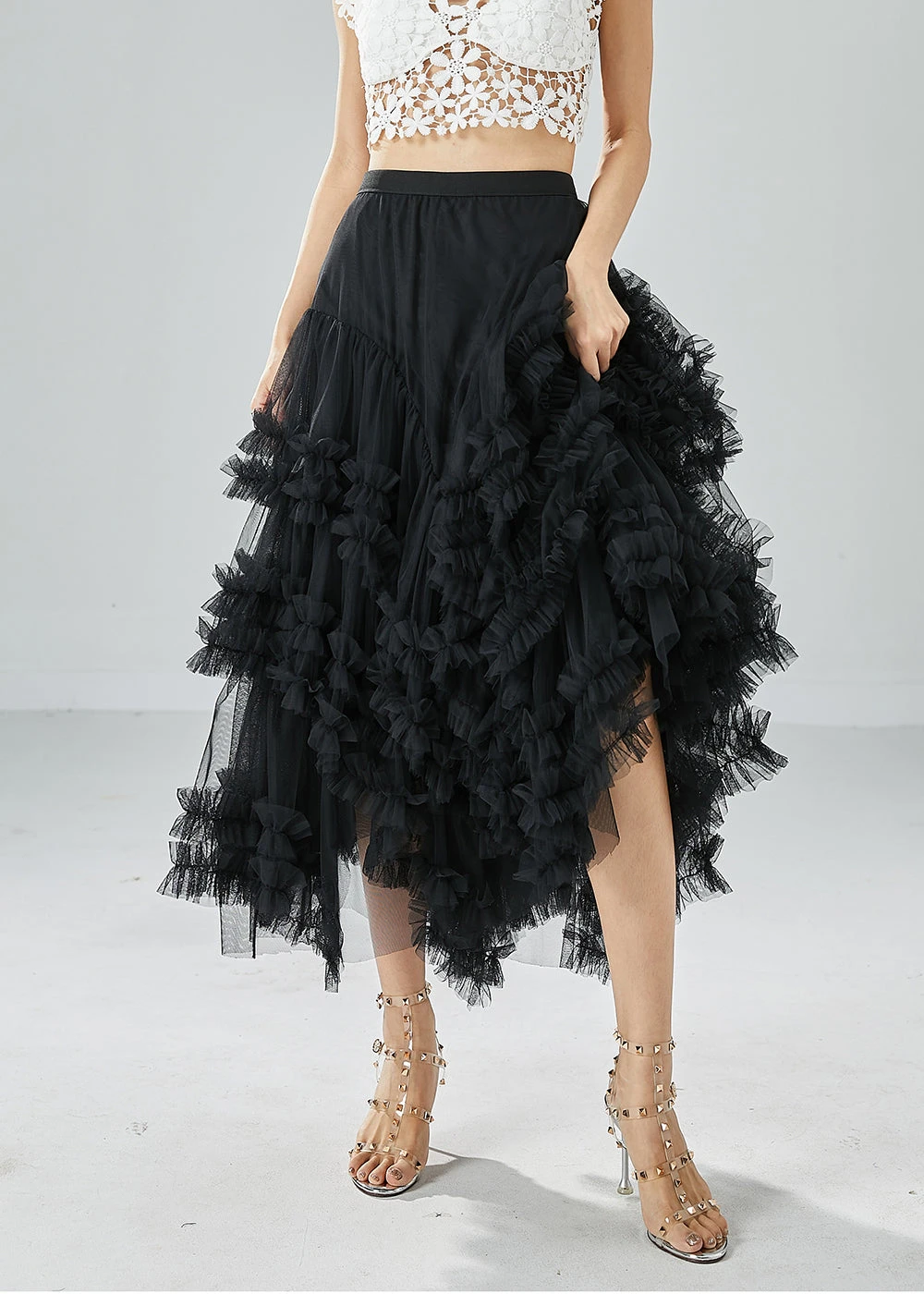Art Black Asymmetrical Patchwork Ruffled Tulle Beach Skirts Summer LY6056 4 Art Black Asymmetrical Patchwork Ruffled Tulle Beach Skirts Summer LY6056 - Image 2