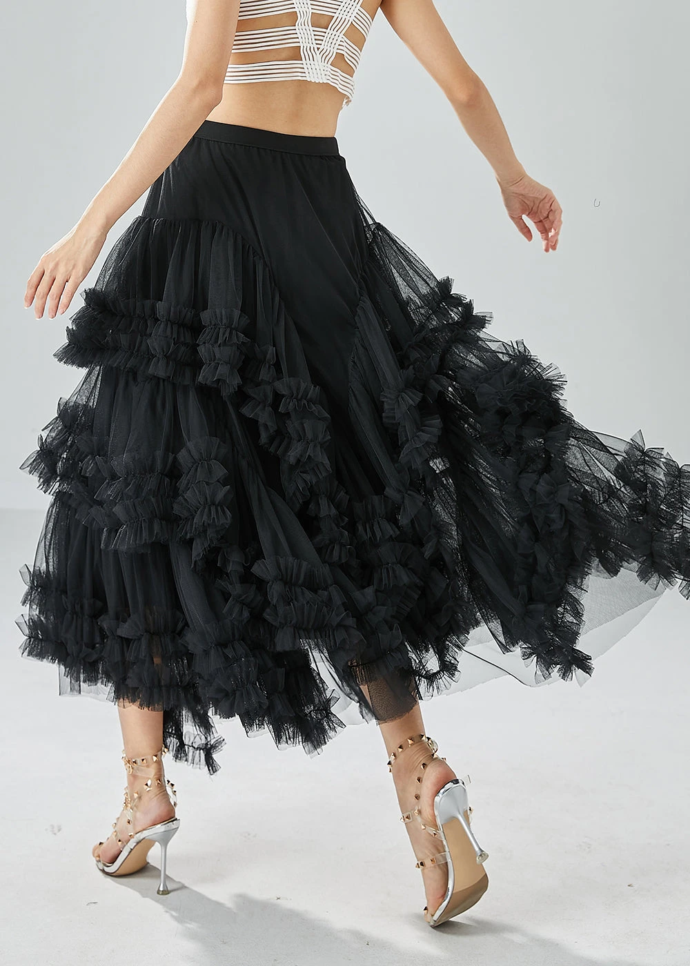 Art Black Asymmetrical Patchwork Ruffled Tulle Beach Skirts Summer LY6056 6 Art Black Asymmetrical Patchwork Ruffled Tulle Beach Skirts Summer LY6056 - Image 4
