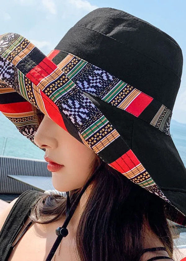 Art Black Striped Print Patchwork Cotton Bucket Hat LC0544 4 Art Black Striped Print Patchwork Cotton Bucket Hat LC0544 - Image 2