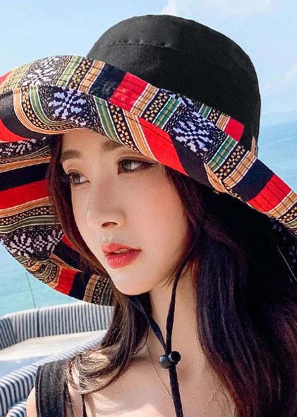 Art Black Striped Print Patchwork Cotton Bucket Hat LC0544 5 Art Black Striped Print Patchwork Cotton Bucket Hat LC0544 - Image 3