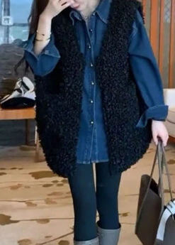 Art Black V Neck Teddy Faux Fur Black Waistcoat And Shirts Two Piece Set Fall ML2190