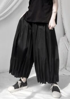 Art Black Wrinkled Elastic Waist Wide Leg Pants Summer LY9300