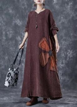 Art Brick Red Oversized Patchwork Applique Linen Ankle Dress Batwing Sleeve LY8092
