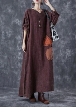 Art Brick Red Oversized Patchwork Applique Linen Ankle Dress Batwing Sleeve LY8092 -Ada Fashion Art Brick Red Oversized Patchwork Applique Linen Ankle Dress Batwing Sleeve Ada Fashion 146084385