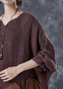 Art Brick Red Oversized Patchwork Applique Linen Ankle Dress Batwing Sleeve LY8092 -Ada Fashion Art Brick Red Oversized Patchwork Applique Linen Ankle Dress Batwing Sleeve Ada Fashion 146084562