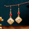 Art Gold Copper Overgild Inlaid Jade Gem Stone Bamboo Leaf Drop Earring KX1090