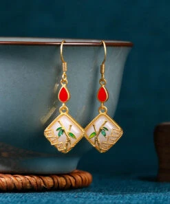 Art Gold Copper Overgild Inlaid Jade Gem Stone Bamboo Leaf Drop Earring KX1090 -Ada Fashion Art Gold Copper Overgild Inlaid Jade Gem Stone Bamboo Leaf Drop Earrings3