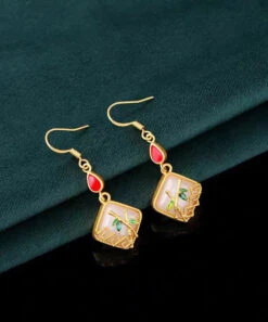 Art Gold Copper Overgild Inlaid Jade Gem Stone Bamboo Leaf Drop Earring KX1090 -Ada Fashion Art Gold Copper Overgild Inlaid Jade Gem Stone Bamboo Leaf Drop Earrings4