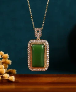 Art Green Copper Overgild Jade Zircon Pendant Necklace KX1057 -Ada Fashion Art Green Copper Overgild Jade Zircon Pendant Necklace3