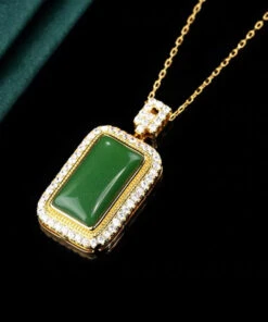 Art Green Copper Overgild Jade Zircon Pendant Necklace KX1057 -Ada Fashion Art Green Copper Overgild Jade Zircon Pendant Necklace4