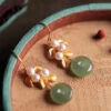 Art Green Sterling Silver Inlaid Jade Pearl Leaf Drop Earrings LY2308