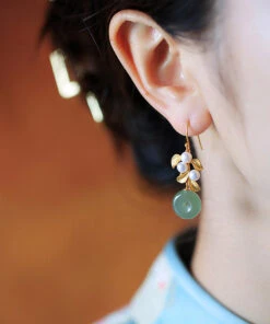 Art Green Sterling Silver Inlaid Jade Pearl Leaf Drop Earrings LY2308 -Ada Fashion Art Green Sterling Silver Inlaid Jade Pearl Leaf Drop Earrings3