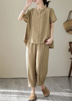 Art Khaki O-Neck Print Top And Lantern Pants Two Pieces Set Summer LY2991