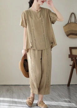 Art Khaki O-Neck Print Top And Lantern Pants Two Pieces Set Summer LY2991 -Ada Fashion Art Khaki O Neck Print Top And Lantern Pants Two Pieces Set Summer3