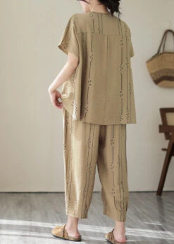 Art Khaki O-Neck Print Top And Lantern Pants Two Pieces Set Summer LY2991 -Ada Fashion Art Khaki O Neck Print Top And Lantern Pants Two Pieces Set Summer4