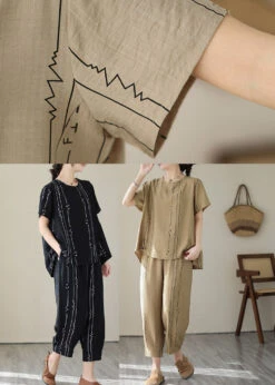 Art Khaki O-Neck Print Top And Lantern Pants Two Pieces Set Summer LY2991 -Ada Fashion Art Khaki O Neck Print Top And Lantern Pants Two Pieces Set Summer5