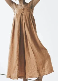 Art Khaki Slash Neck Button Solid Linen Jumpsuit Summer LY1965 -Ada Fashion Art Khaki Slash Neck Button Solid Linen Jumpsuit Summer3