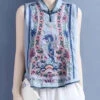 Art Light Blue Stand Collar Embroidered Floral Waistcoat Summer VB1073