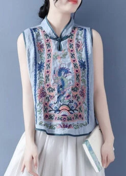 Art Light Blue Stand Collar Embroidered Floral Waistcoat Summer VB1073 -Ada Fashion Art Light Blue Stand Collar Embroidered Floral Waistcoat Summer3
