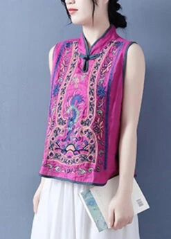 Art Light Blue Stand Collar Embroidered Floral Waistcoat Summer VB1073 -Ada Fashion Art Light Blue Stand Collar Embroidered Floral Waistcoat Summer4