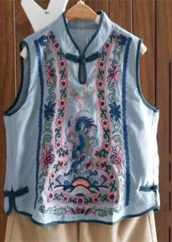 Art Light Blue Stand Collar Embroidered Floral Waistcoat Summer VB1073 -Ada Fashion Art Light Blue Stand Collar Embroidered Floral Waistcoat Summer5