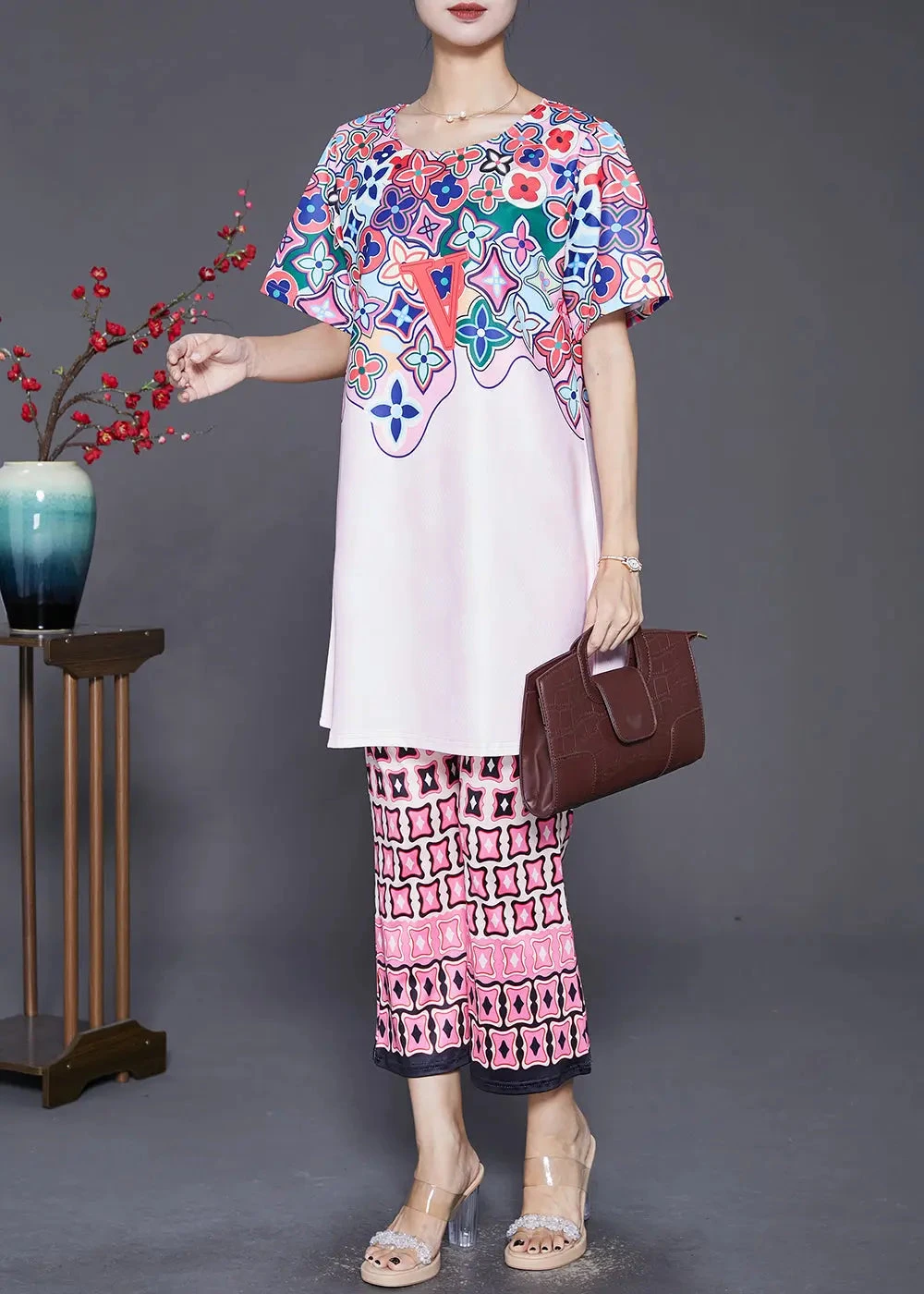 Art Light Pink Print Spandex Two Piece Set Outfits Fall ML0440 3 Art Light Pink Print Spandex Two Piece Set Outfits Fall ML0440