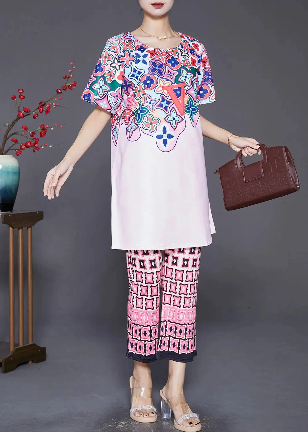 Art Light Pink Print Spandex Two Piece Set Outfits Fall ML0440 4 Art Light Pink Print Spandex Two Piece Set Outfits Fall ML0440 - Image 2