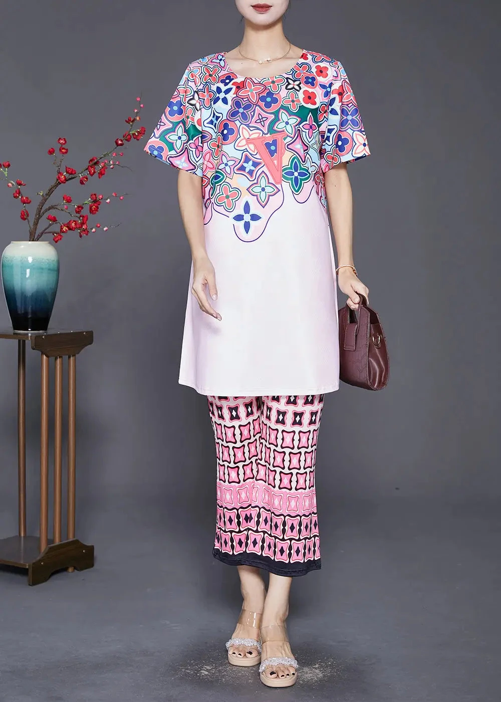 Art Light Pink Print Spandex Two Piece Set Outfits Fall ML0440 5 Art Light Pink Print Spandex Two Piece Set Outfits Fall ML0440 - Image 3