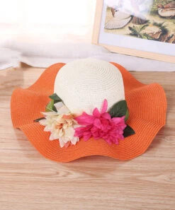 Art Orange Floral Straw Woven Floppy Sun Hat LY526