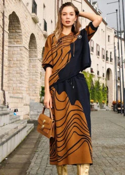 Print Wool Knit Hooded Top And Skirts Two Pieces Set