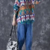 Art Print Oversized Rivet Cotton Shirts And Denim Pants Two Pieces Set Summer TD1034 -Ada Fashion Art Print Oversized Rivet Cotton Shirts And Denim Pants Two Pieces Set Summer1