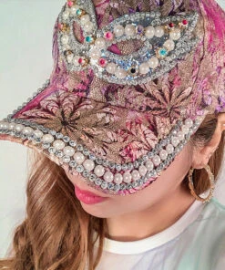 Art Purple Zircon Pearl Embroideried Silk Baseball Cap Hat LY531 -Ada Fashion Art Purple Zircon Pearl Embroideried Silk Baseball Cap Hat3