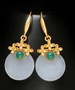 Art White Sterling Silver Overgild Inlaid Jade Floral Drop Earrings LY8525 -Ada Fashion Art White Sterling Silver Overgild Inlaid Jade Floral Drop Earrings Ada Fashion 150893513