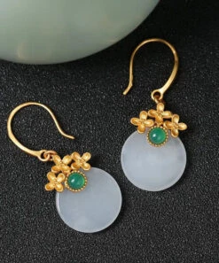 Art White Sterling Silver Overgild Inlaid Jade Floral Drop Earrings LY8525 -Ada Fashion Art White Sterling Silver Overgild Inlaid Jade Floral Drop Earrings Ada Fashion 150893669