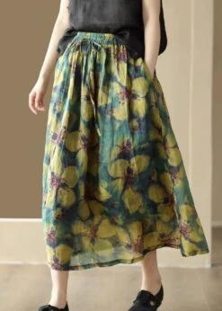 Art Yellow Wrinkled Pockets Patchwork Linen Skirts Summer LY7888