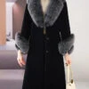 Beautiful Black Fox Collar Tie Waist Woolen Long Coat Winter ML1189