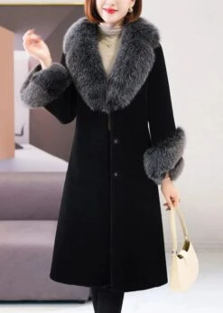 Beautiful Black Fox Collar Tie Waist Woolen Long Coat Winter ML1189 -Ada Fashion Beautiful Black Fox Collar Tie Waist Woolen Long Coat Winter Ada Fashion 165059275