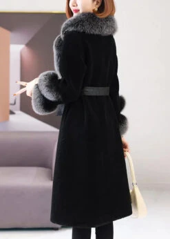 Beautiful Black Fox Collar Tie Waist Woolen Long Coat Winter ML1189 -Ada Fashion Beautiful Black Fox Collar Tie Waist Woolen Long Coat Winter Ada Fashion 165059357