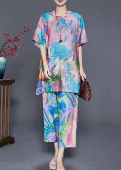 Beautiful Blue Butterfly Tie Dye Linen Silk Two Piece Set Outfits Summer LY6867