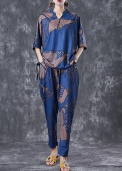 Beautiful Blue V Neck Print Cotton Two Piece Set Outfits Summer LY6793
