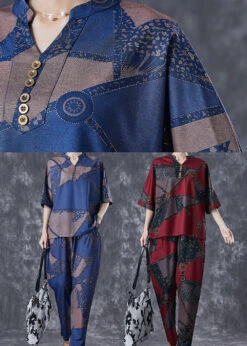 Beautiful Blue V Neck Print Cotton Two Piece Set Outfits Summer LY6793 -Ada Fashion Beautiful Blue V Neck Print Cotton Two Piece Set Outfits Summer5