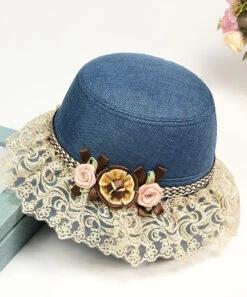 Beautiful Champagne Floral Lace Patchwork Linen Bucket Hat LY508 -Ada Fashion Beautiful Champagne Floral Lace Patchwork Linen Bucket Hat3